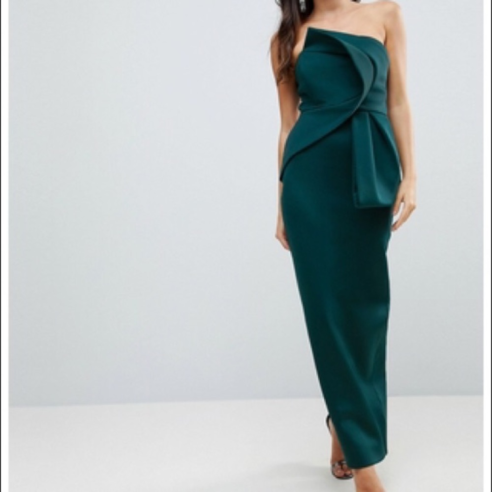 Green Bandeau Fold Bow Front Scuba Maxi Dress